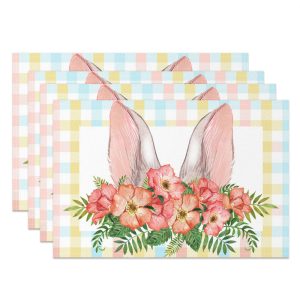 Bunny Ear Plaid Red Floral Leaves Set Of 4 Placemats - Aperturee