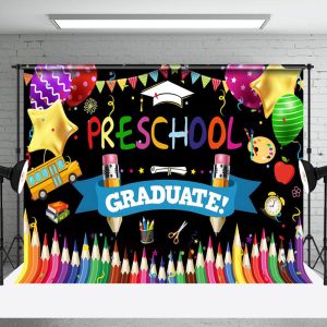 Colorful Crayon Balloon Preschool Graduation Backdrop - Aperturee