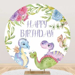 Colorful Dinosaurs Floral Round Birthday Backdrop - Aperturee