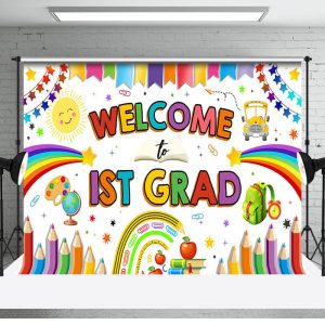 Colorful Stationery Welcome To 1st Grad Backdrop - Aperturee