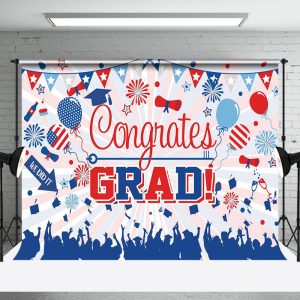 Congrats Grad Red Blue Balloon Graduation Backdrop - Aperturee