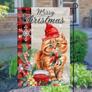 Cute Cat Green Leaf Snow Merry Christmas Garden Flag