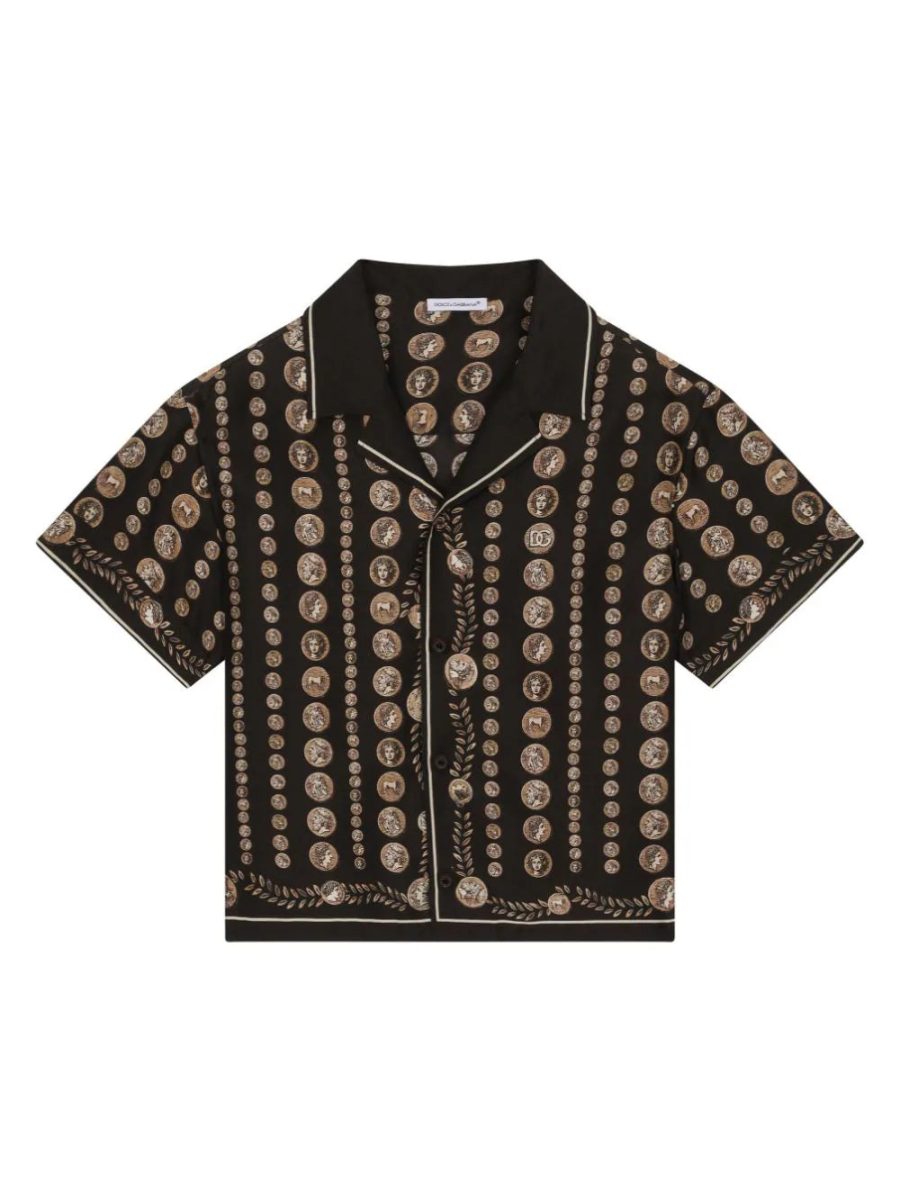 DOLCE & GABBANA KIDS Boys Coin-Print Silk Shirt Black Brown