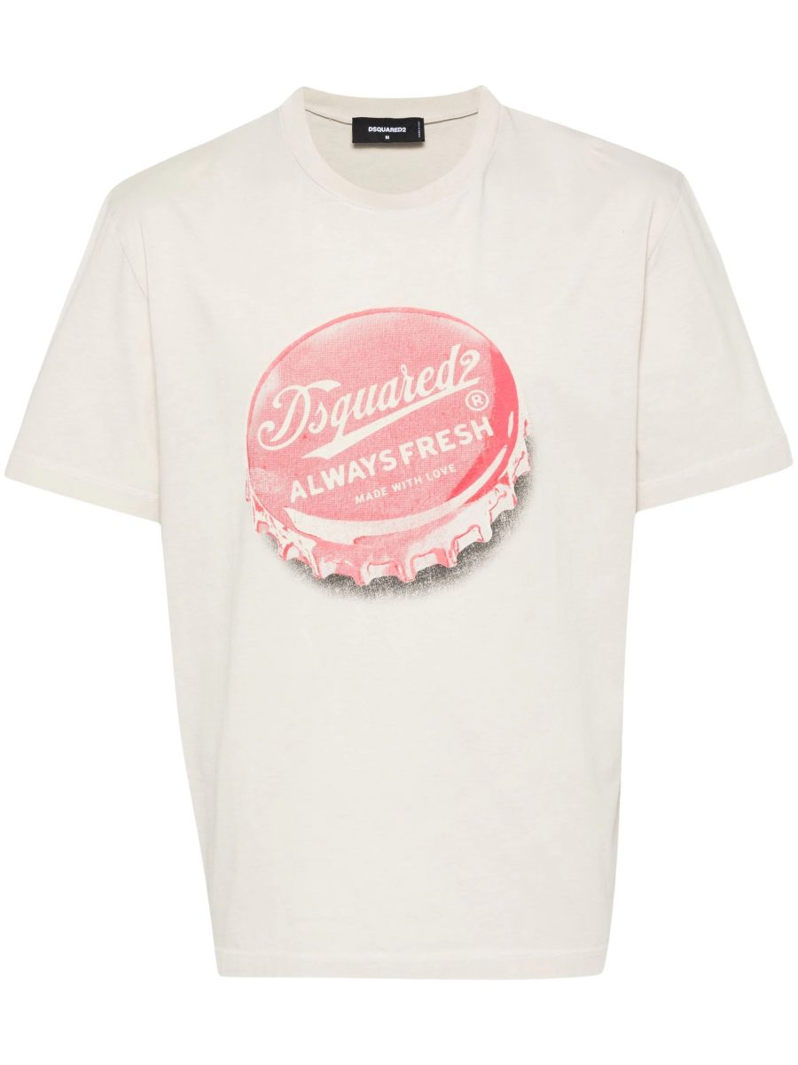 DSQUARED2 Bottle Cap Cotton Jersey T-Shirt Beige