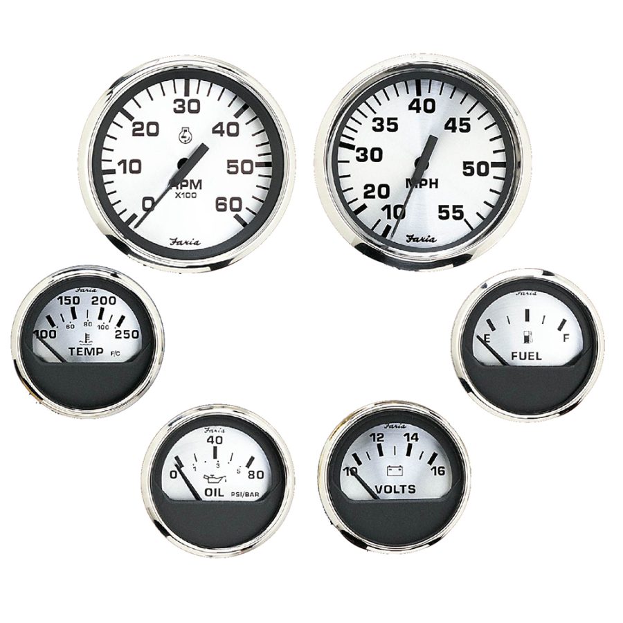 FARIA KTF0184 SPUN SILVER BOX SET OF 6 GAUGES F/ INBOARD ENGINES - SPEED, TACH, VOLTMETER, FUEL LEVEL, WATER TEMPERATURE & OIL