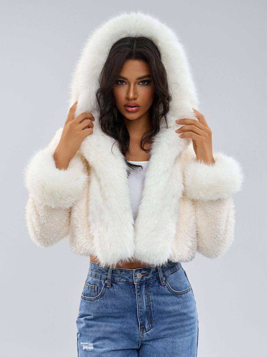 Faux Fur Coats Long Sleeves Casual Faux Fur Jacket Hooded White Winter Coat