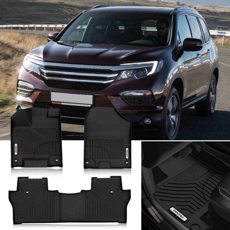 Floor Mats for 2016-2022 Honda Pilot, Unique Black TPE All-Weather Guard Front, Rear, Full Set Liners