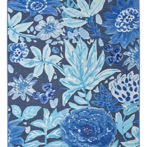 Floral Bloom Blue Washable Rug