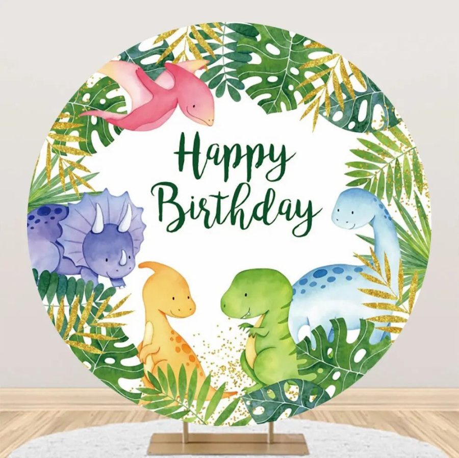 Forest Colorful Dinosaurs Round Birthday Backdrop - Aperturee