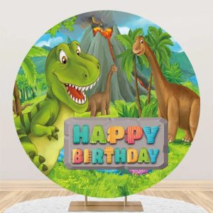 Forest Mountain Dinosaurs Round Birthday Backdrop - Aperturee