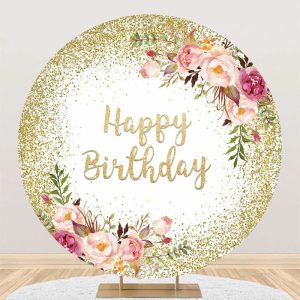 Gold White Glitter Floral Round Birthday Backdrop - Aperturee