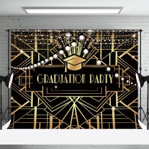 Golden Lines Bulbs Black Graduation Party Backdrop - Aperturee