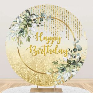 Green Gold Glitter Leaves Round Birthday Backdrop - Aperturee