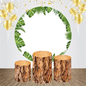 Green Leaves Wood Simple Round Birthday Backdrop Kit - Aperturee