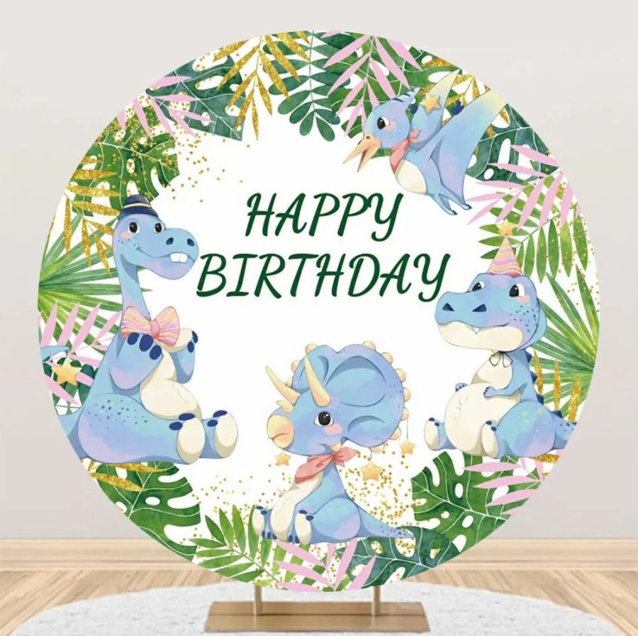 Green Monstera Blue Dinosaur Round Birthday Backdrop - Aperturee