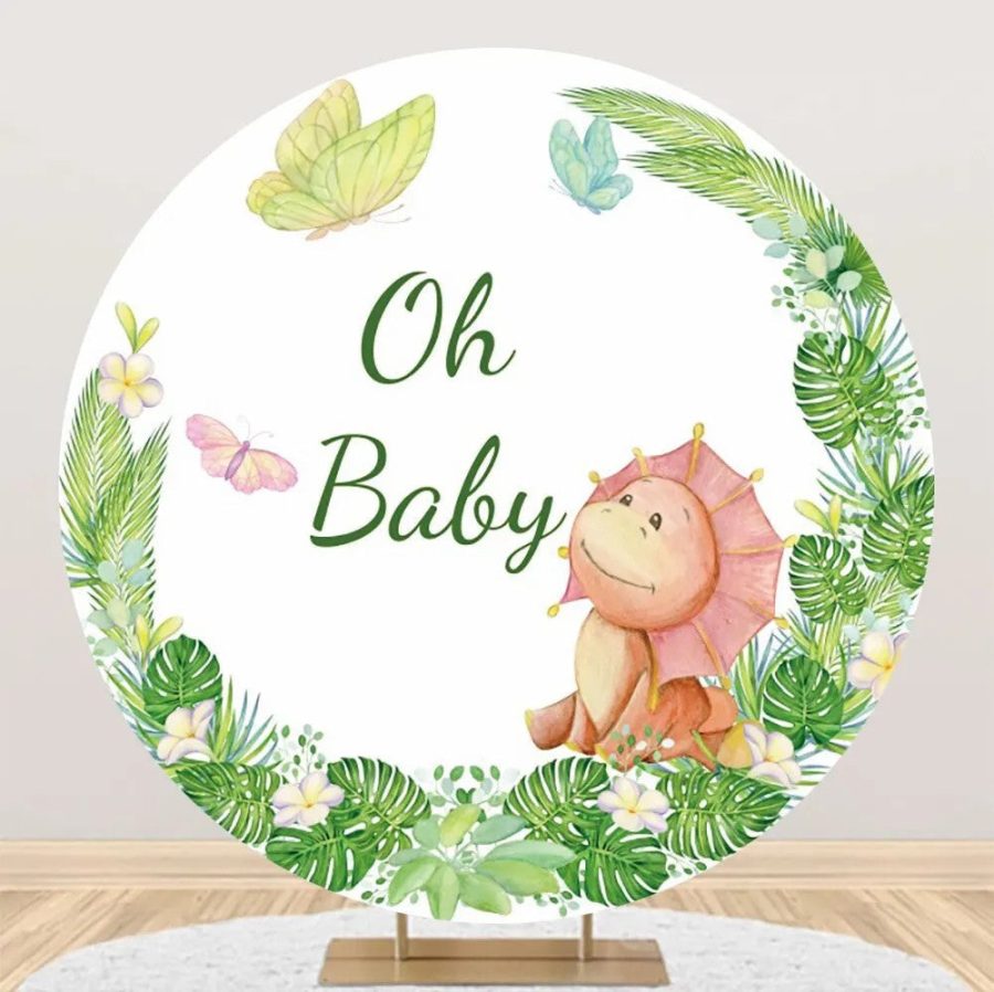 Green Monstera Dinosaur Round Baby Shower Backdrop - Aperturee