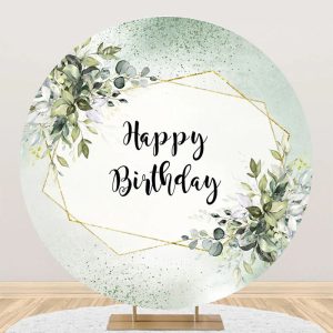 Green White Glitter Leaves Round Birthday Backdrop - Aperturee