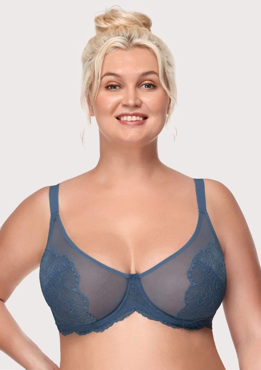 HSIA Blossom Full Figure See-Through Lace Bra for Side and Back Fat - Dark Blue / 34 / DD/E