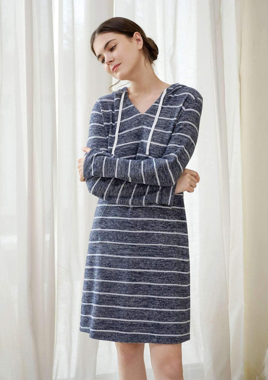 HSIA Brushed Hoodie Striped Sleepshirt - S / Blue