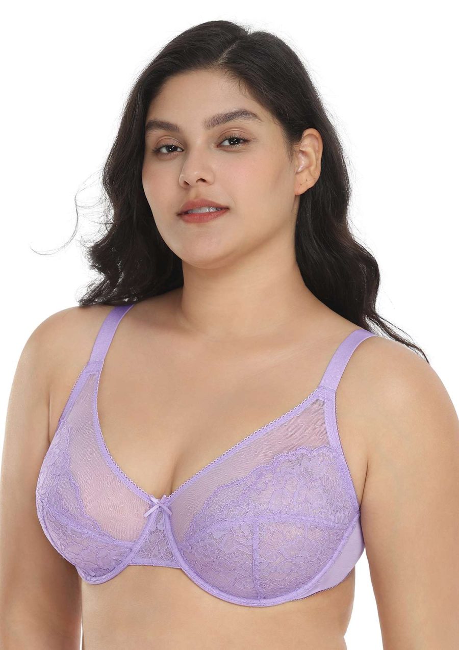 HSIA Enchante Full Cup Minimizing Bra: Supportive Unlined Lace Bra - Purple / 36 / D