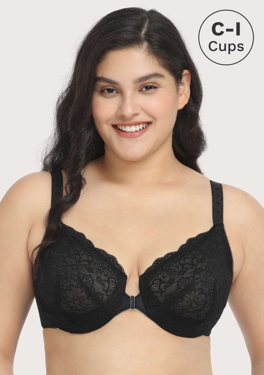 HSIA Nymphaea Front-Close Black Retro Floral Lace Unlined Bra Set - Black / 36 / C