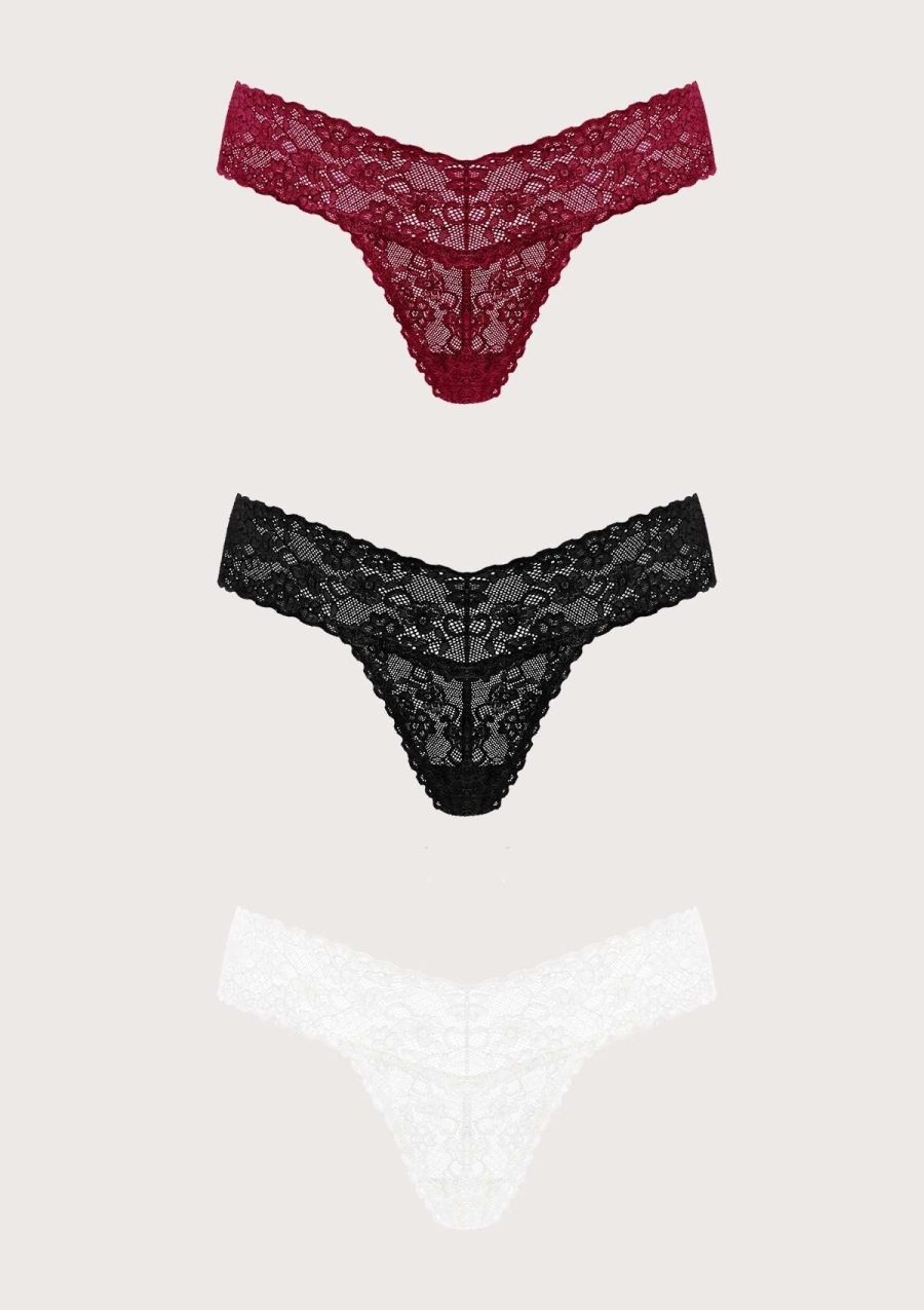 HSIA Soft Sexy Lace Cheeky Thong Underwear - S / Black+Burgundy+White (3 Pack)