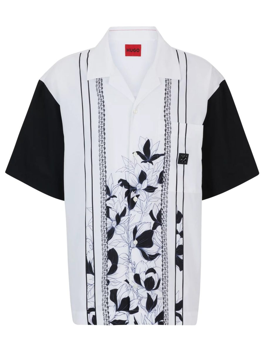 HUGO Oversize-fit Cotton Shirt With Floral And Chain Print Open White