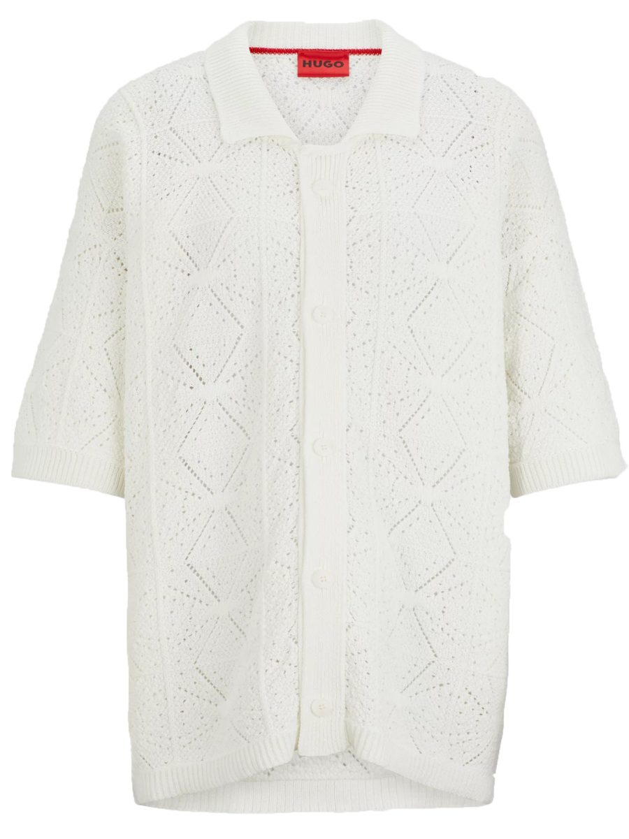 HUGO Relaxed-fit Short-sleeved Cardigan Shirt In Crochet Cotton White