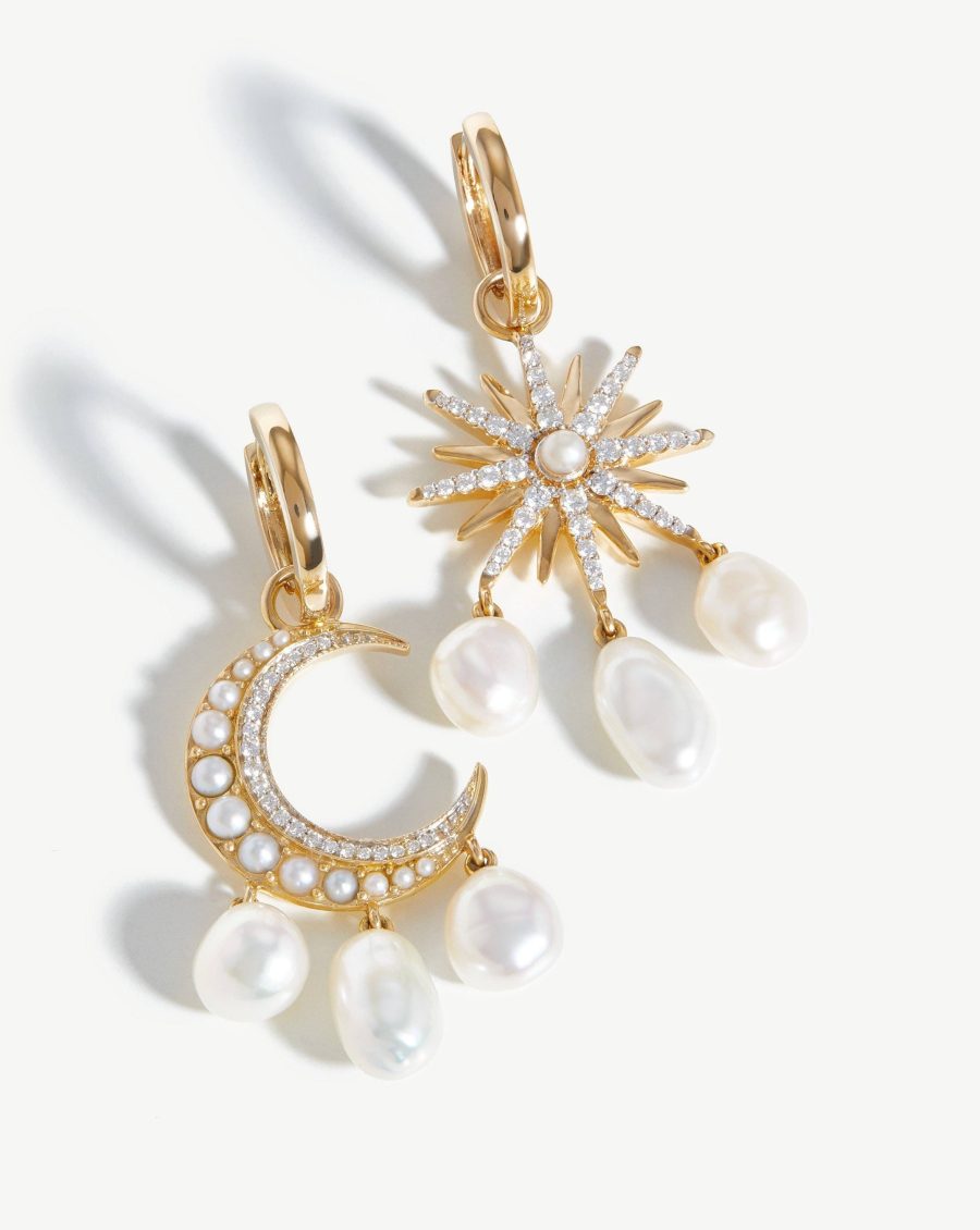 Harris Reed Fine Moon Starlight Earrings | 14k Solid Gold/Pearl & Diamond