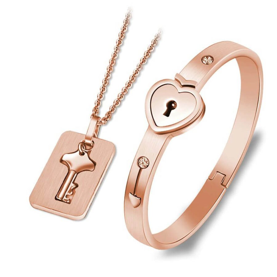 Heart Lock Bracelet With Key Necklace