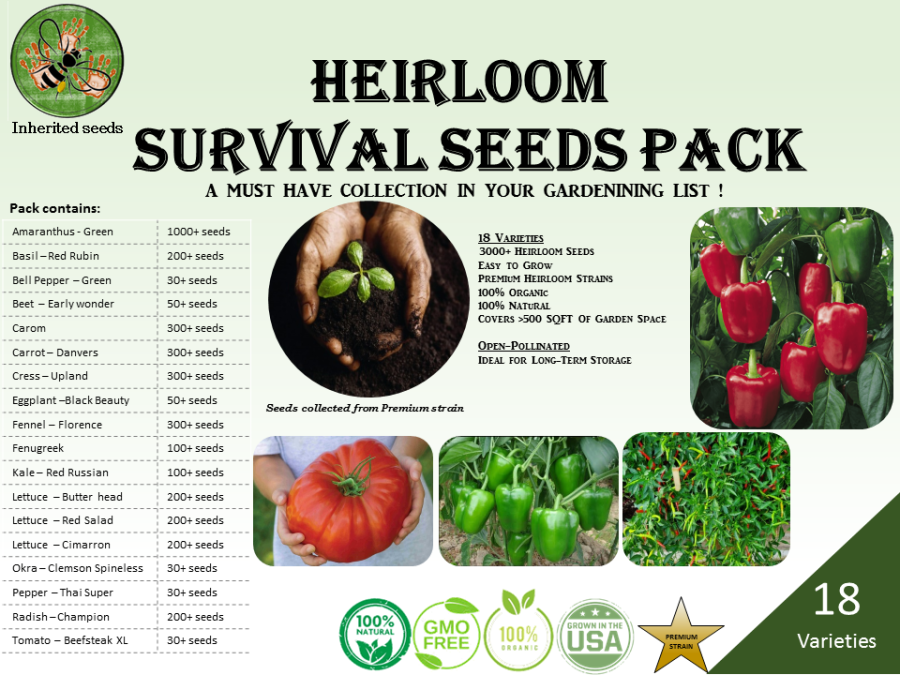 Heirloom Survival Kit 3000+ seeds, 18 varieties pack,100% organic, grown in USA