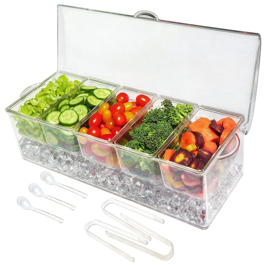 Ice Chilled 5 Compartment Condiment Server Caddy - Serving Tray Container With 5