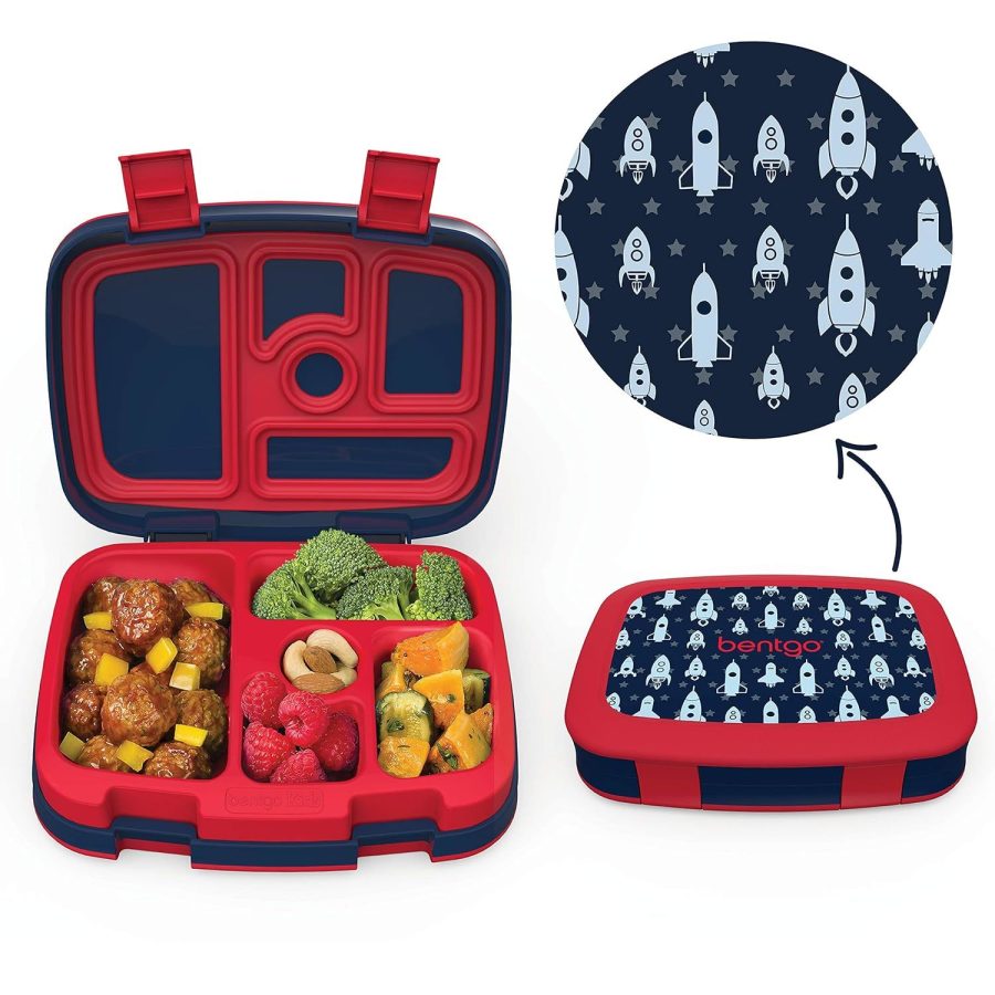 Kids Prints (Space Rockets) - Leak-Proof, 5-Compartment Bento-Style Kids Lunch B