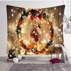 Light Wreath Wood Christmas Landscape Family Wall Tapestry - Aperturee