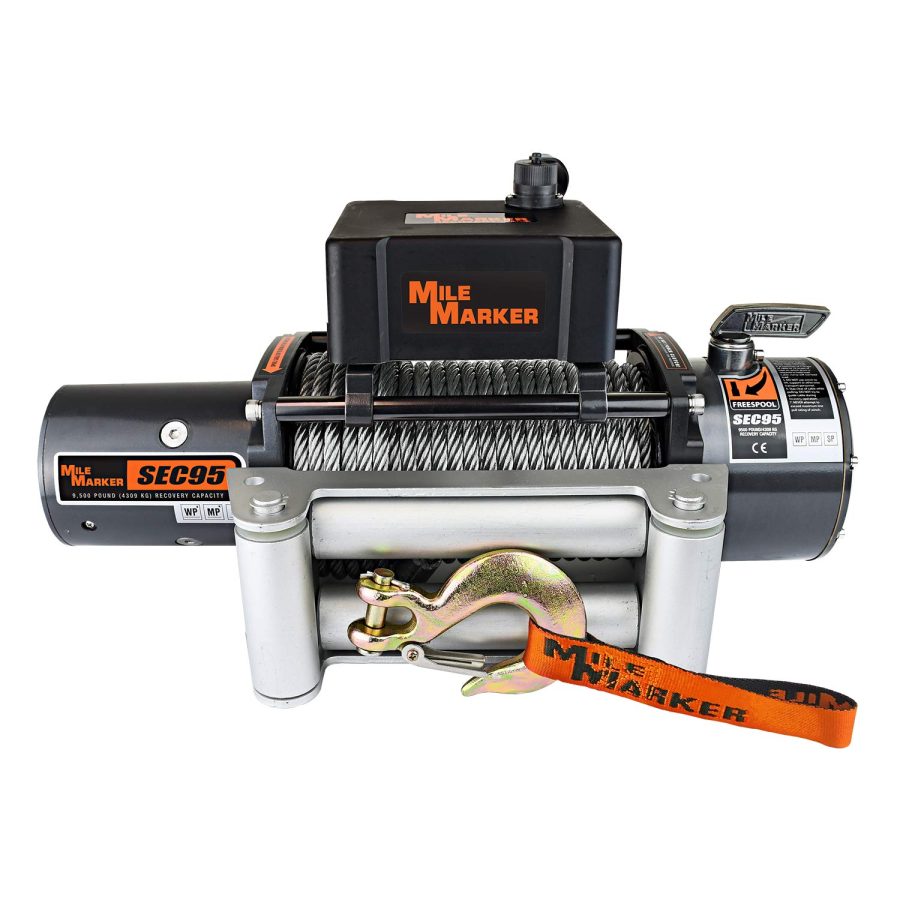 MILE MARKER 76-50246BW Winch; SEC95; Vehicle Mounted; Waterproof Recovery Winch; 12 Volt Electric; 9500 Pound Line Pull Capacity; 100 Foot Wire Rope; Roller Fairlead; Wired Remote; Integrated Solenoid; Planetary Gear Drive