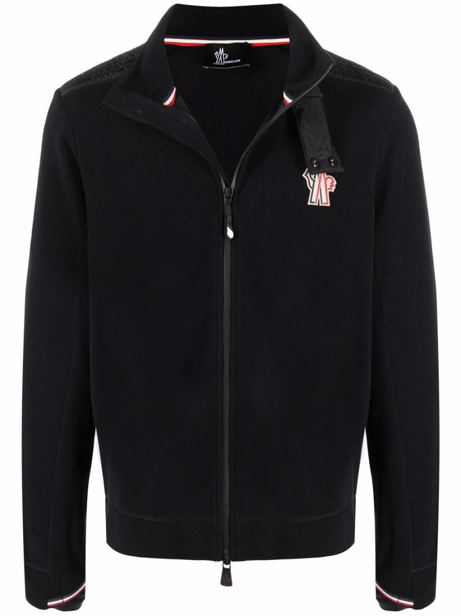 MONCLER GRENOBLE Logo Patch Fleece Zip Up Cardigan Black