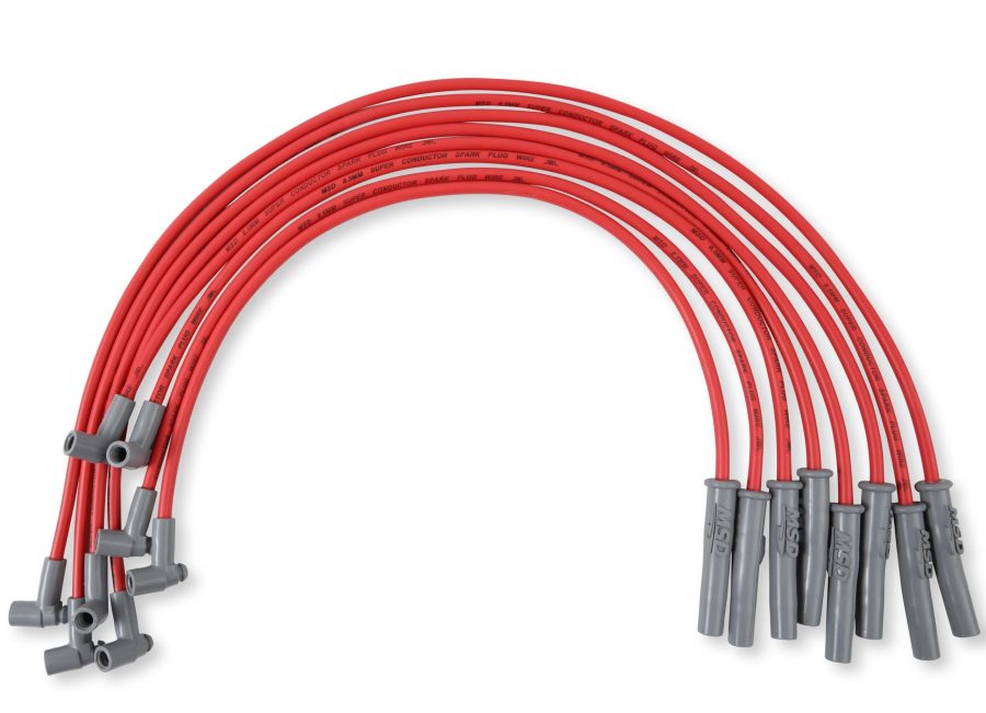 MSD 35379 Spark Plug Wire Set; Super Conductor; Pre Assembled; Red; 8-1/2 Millimeter; Silicone and Synthetic; Helically Wound Copper Alloy Conductor With Ferro-Magnetic Impregnated Center Core; Straight Spark Plug Boots; 90 Degree Distributor Boots W/HEI