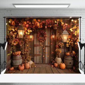 Maple Leaves Wooden Barn Autumn Thanksgiving Backdrop