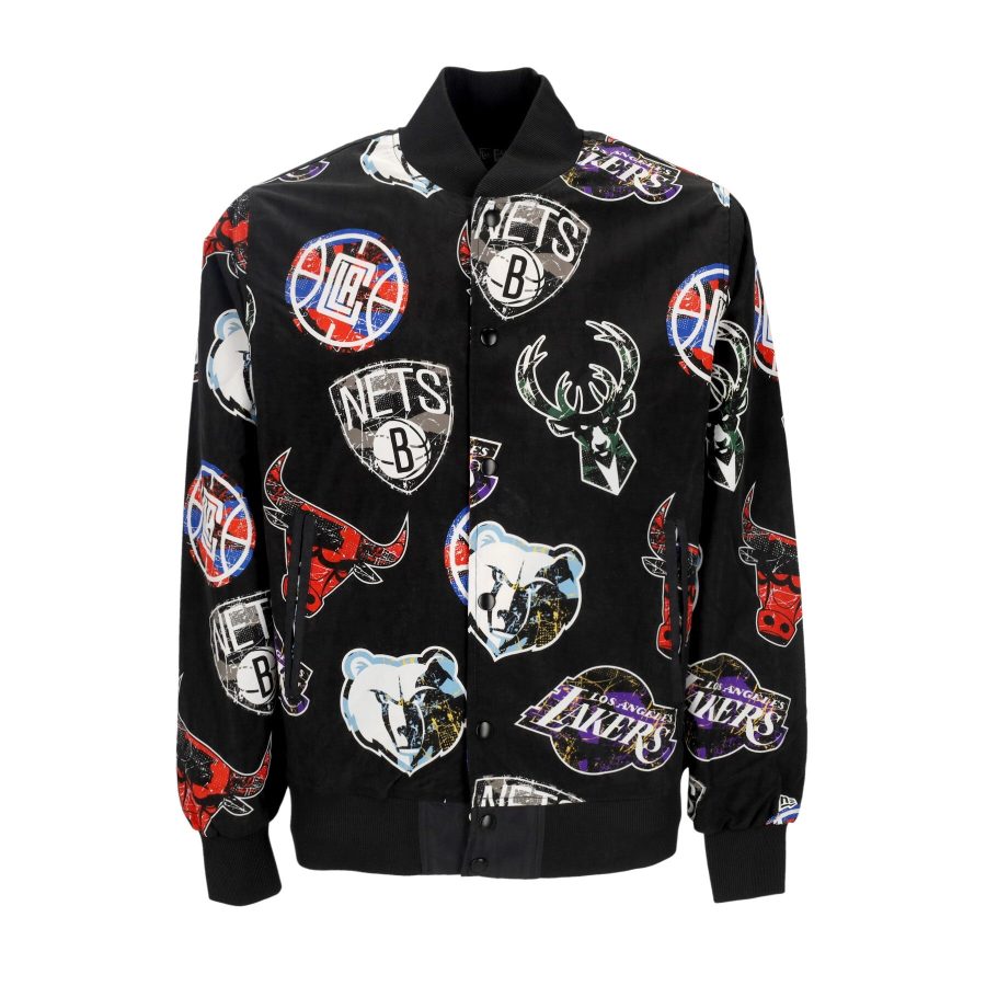 Men's Bomber Jacket NBA All Over Print Team Logo Bomber Black/front Door Red