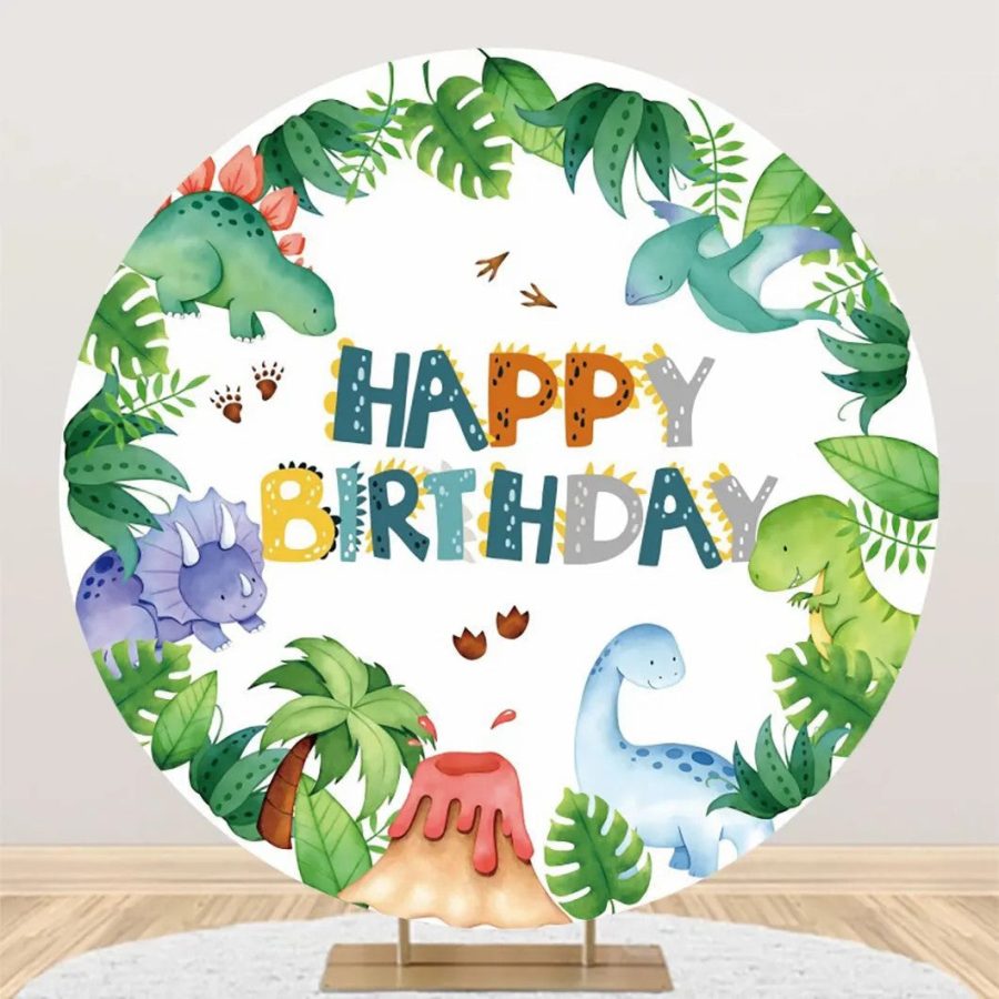 Monstera Leaves Dinosaurs Round Birthday Backdrop - Aperturee