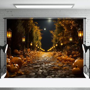 Night Stone Path Pumpkin Light Autumn Photo Backdrop