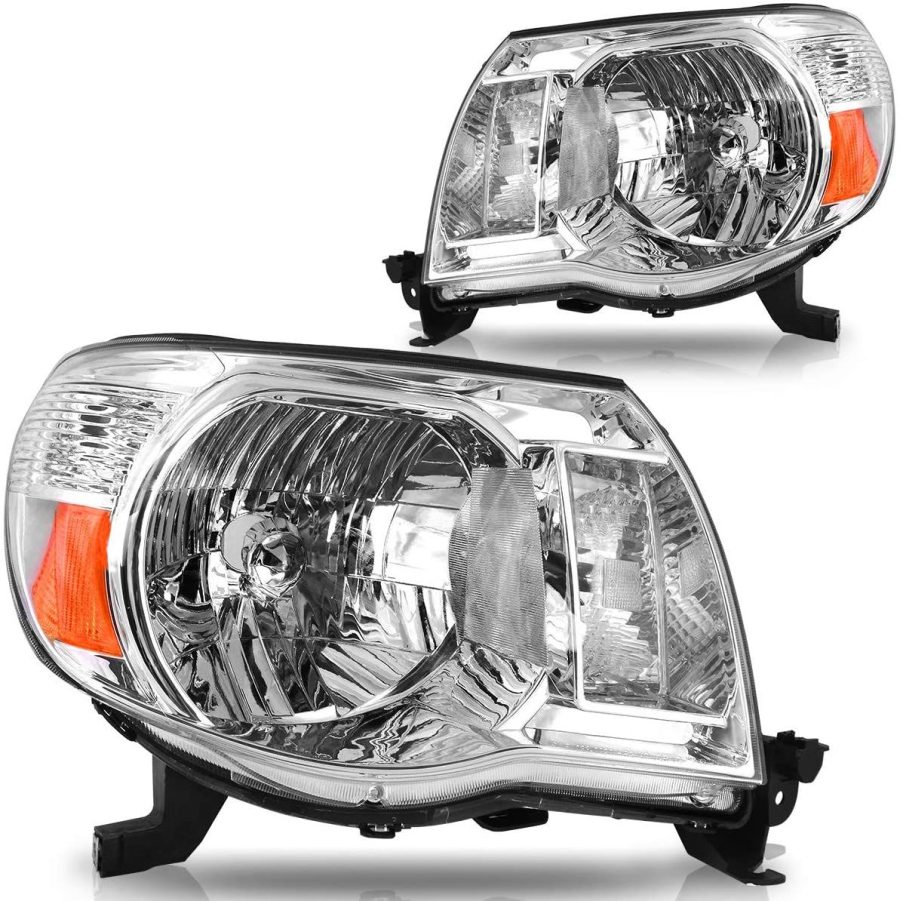 OEDRO Headlight Assembly for 2005-2011 Toyota Tacoma, Amber Reflectors Clear Lens Chrome Housing Headlamps