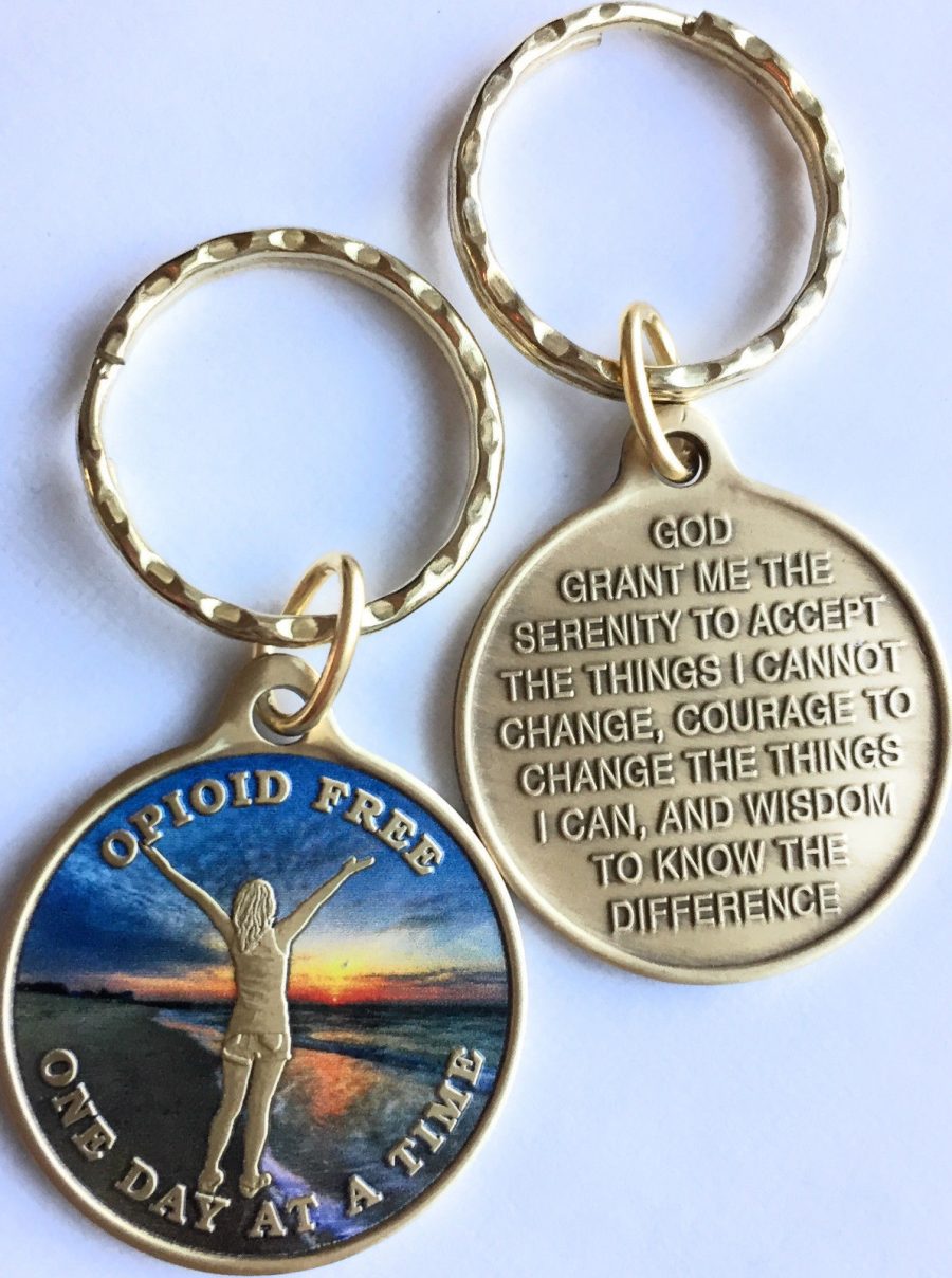 Opioid Free One Day At A Time Keychain Girl On Beach Sunrise Serenity Prayer