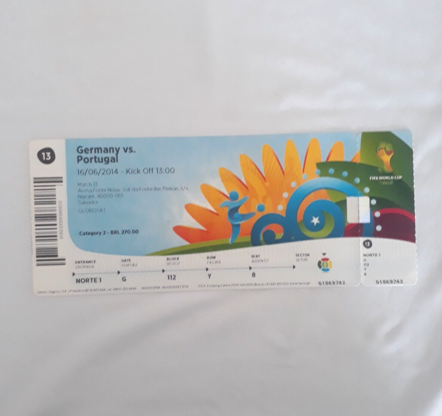 *PERFECT* Ticket FIFA world cup 2014 Brazil #13 Germany x Portugal - CR7