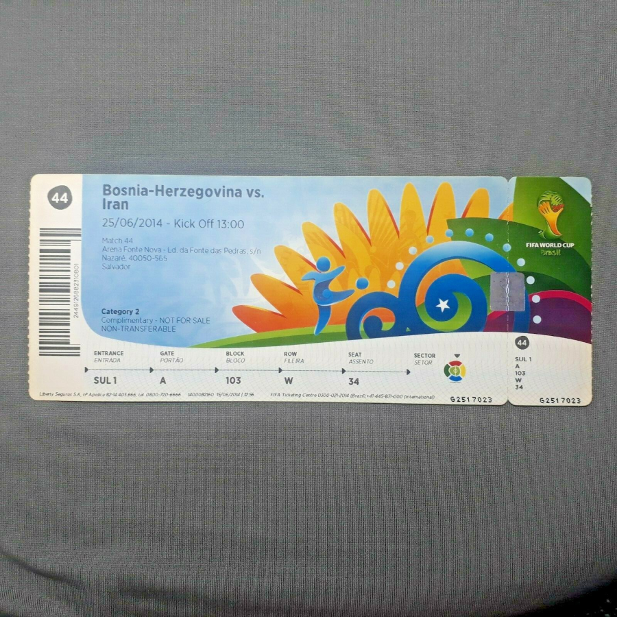 *PERFECT* Ticket FIFA world cup 2014 Brazil #44 Bosnia-Herzegovina vs Iran