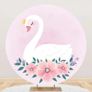 Pink Floral Leaf White Swan Round Birthday Backdrop - Aperturee