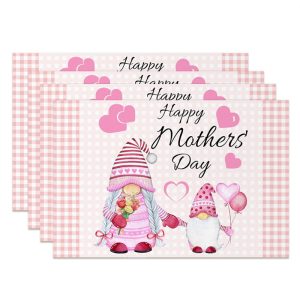 Pink Gnome Heart Plaid Mother Day Set Of 4 Placemats - Aperturee