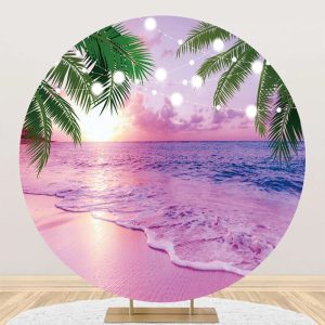 Pink Sunset Palm Trees Hawaii Beach Round Backdrop