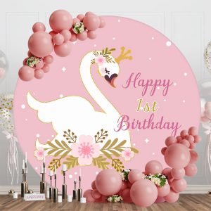 Pink White Swan Leaves Round 1st Birthday Backdrop