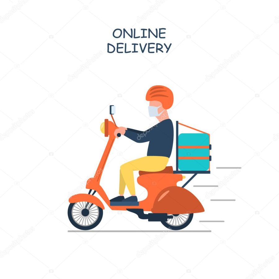 Poster concept for home delivery. Restaurant or supermarket delivering food at doorstep in quarantine. Sitting home and Order online food at anytime.Man with mask delivering food on scooter.